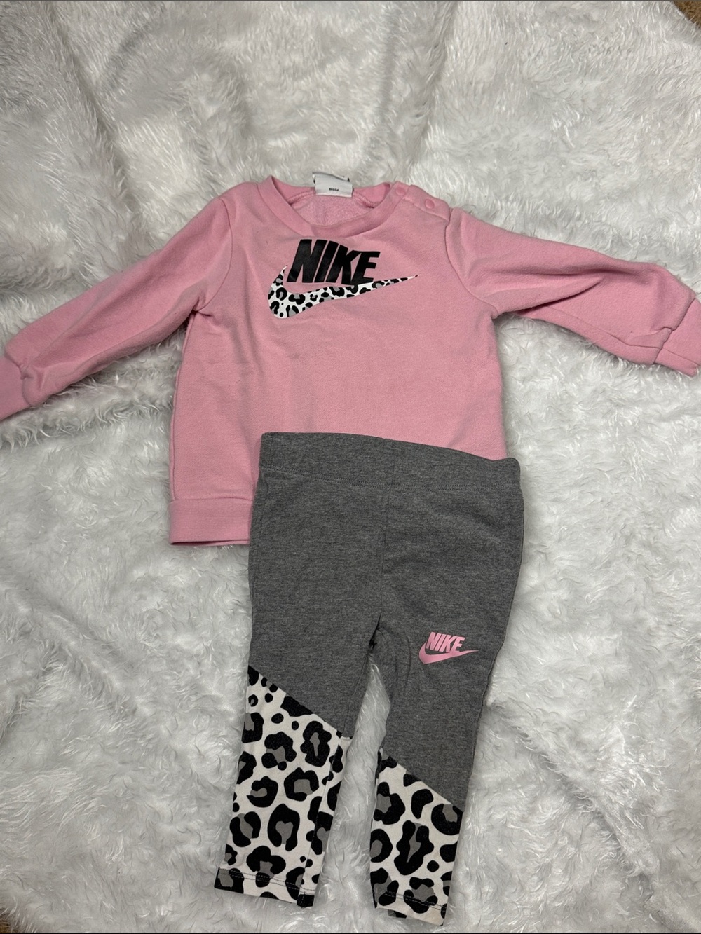 Nike Pink Logo Sweatshirt with Gray Leopard-Trim Leggings 12month
